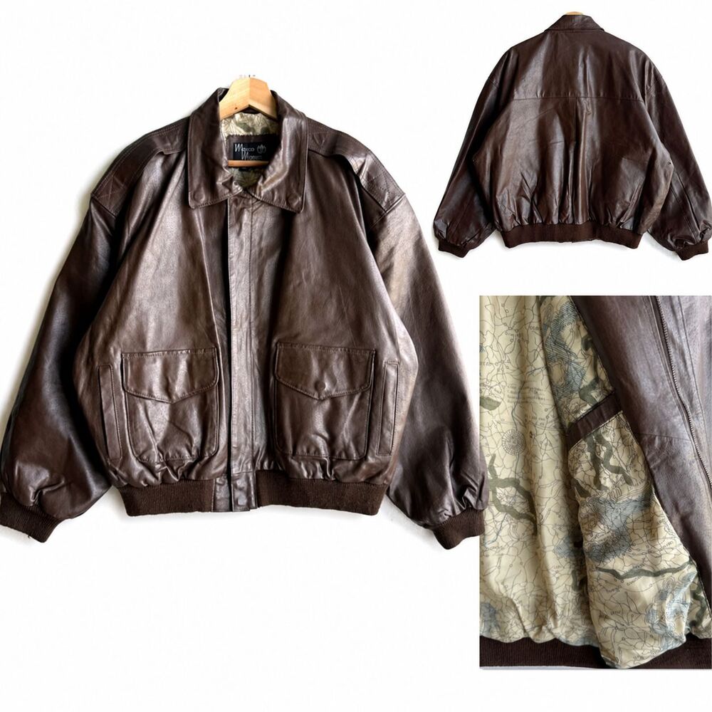 VTG 80s Marco Morani A-2 Brown Leather Bomber Jacket Map Lined Men's 2XL XXL